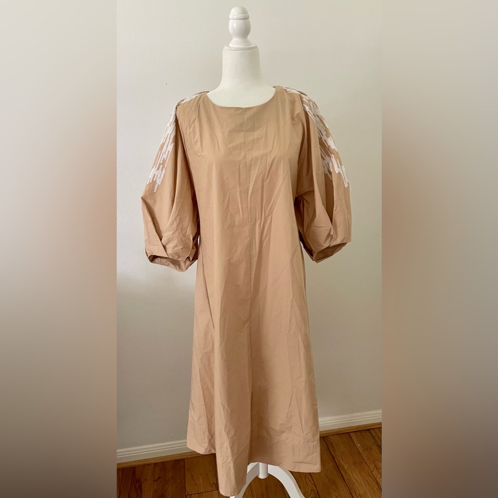 COS Khaki and White Puff Sleeve Dress